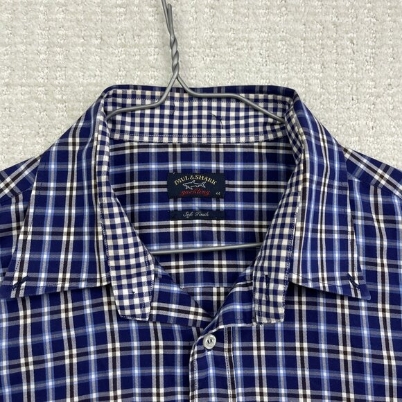 Paul & Shark Yachting Shirt Men Sz 44 Plaid Blue / Brown Short Sleeve Soft Touch - Picture 2 of 16